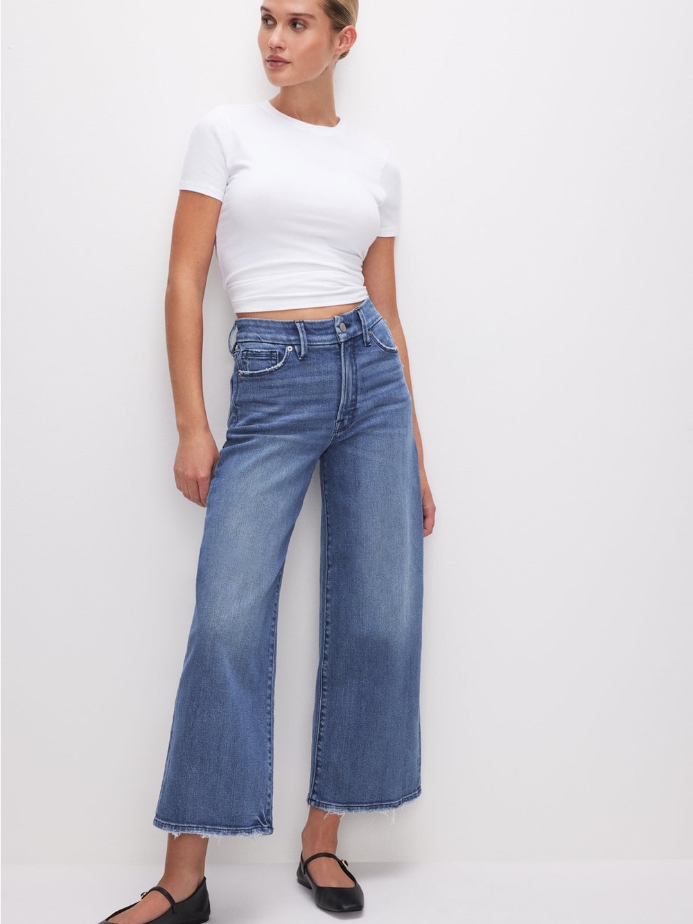 Good American Good Waist Cropped Palazzo Jeans | Size 8/29 | Wide Leg High Rise